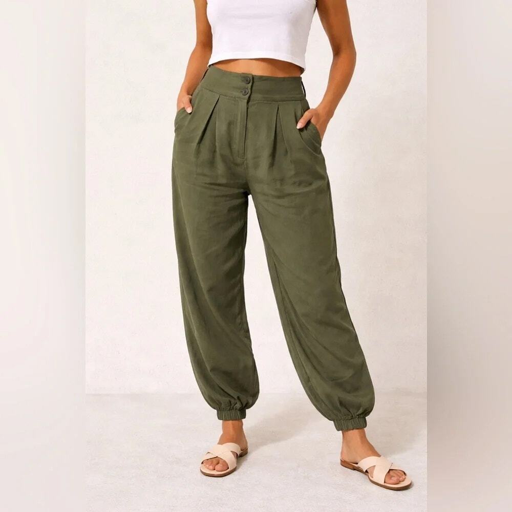 Stillwater Olive Green Lyocell Pleated Trousers Jogger Pants Made in USA SZ M